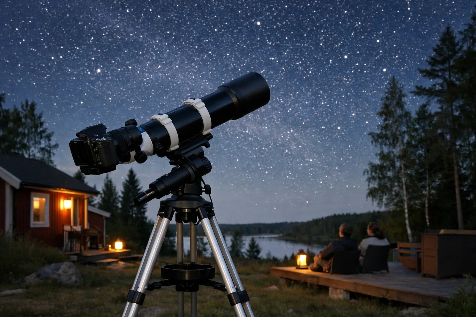 Teleskop med kamera monterad under stjärnhimmel.