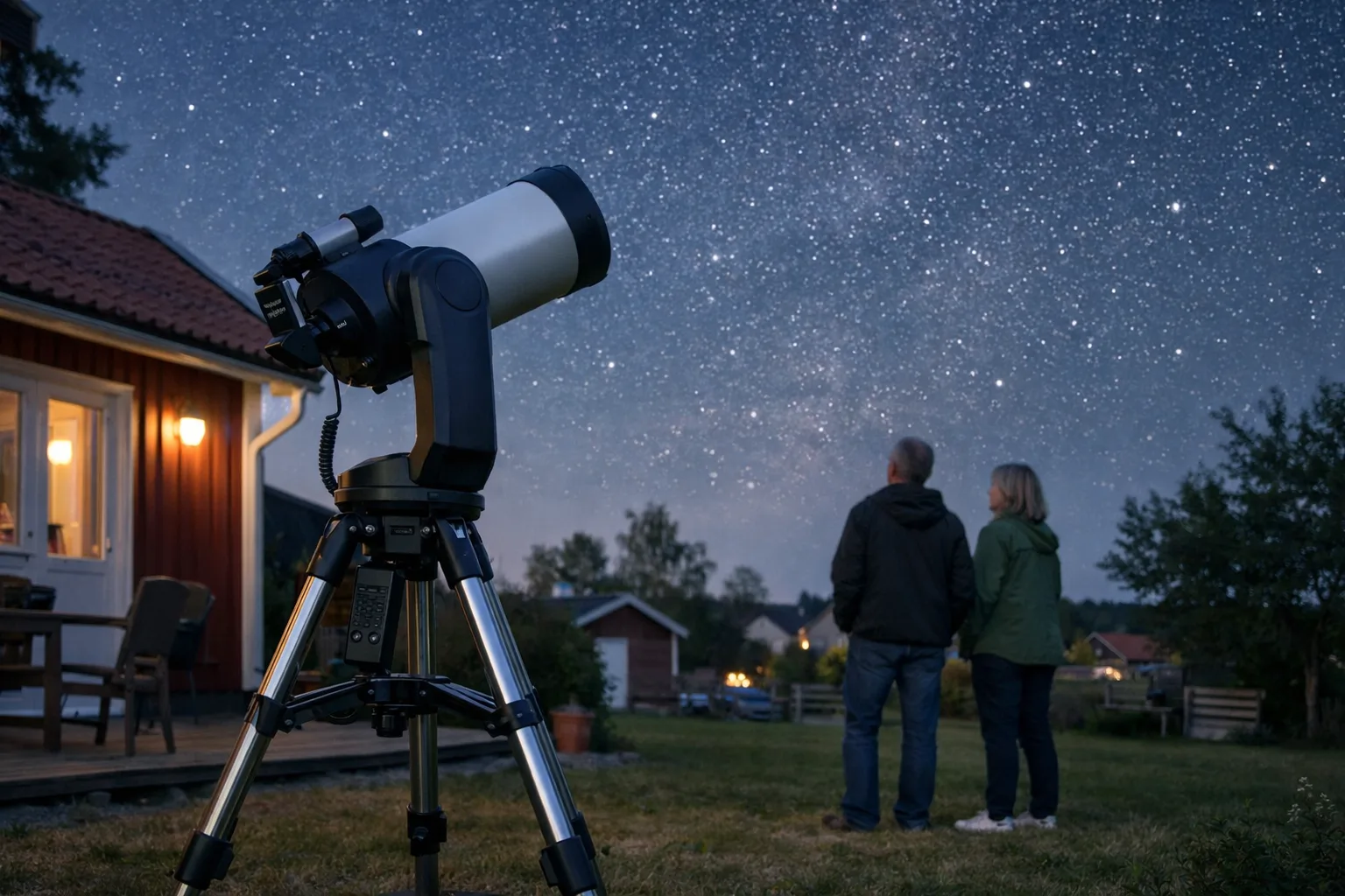 Generiskt teleskop på stativ under stjärnhimmel.