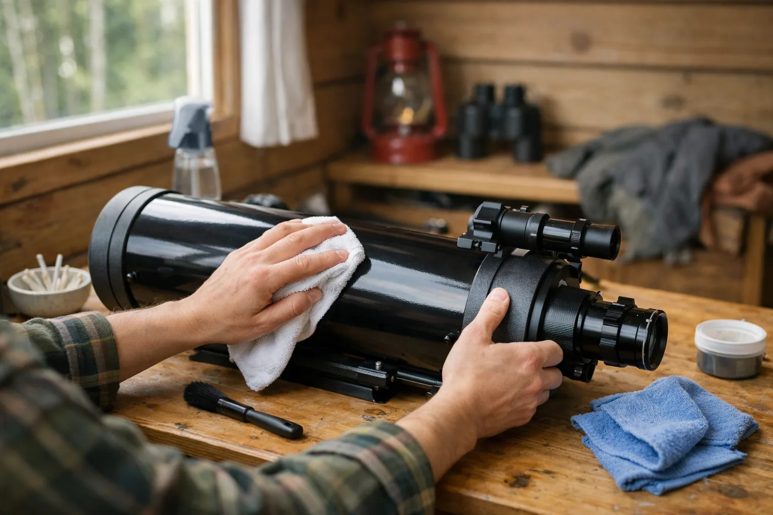 Händer rengör tuben på ett teleskop.