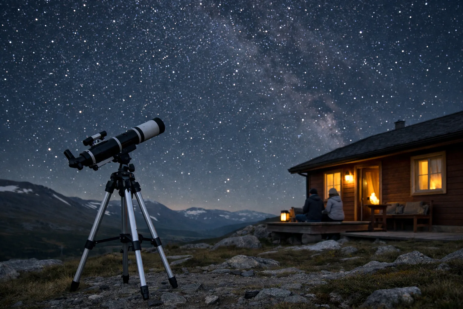 Generiskt teleskop vid fjällstuga under stjärnhimmel.