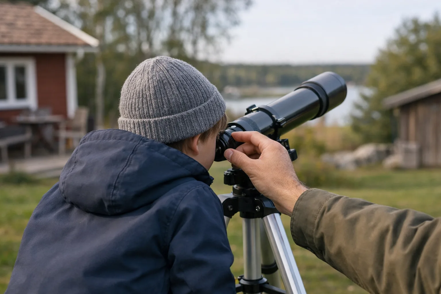 Barn bakifrån vid teleskop med en föräldrahand vid okularet.