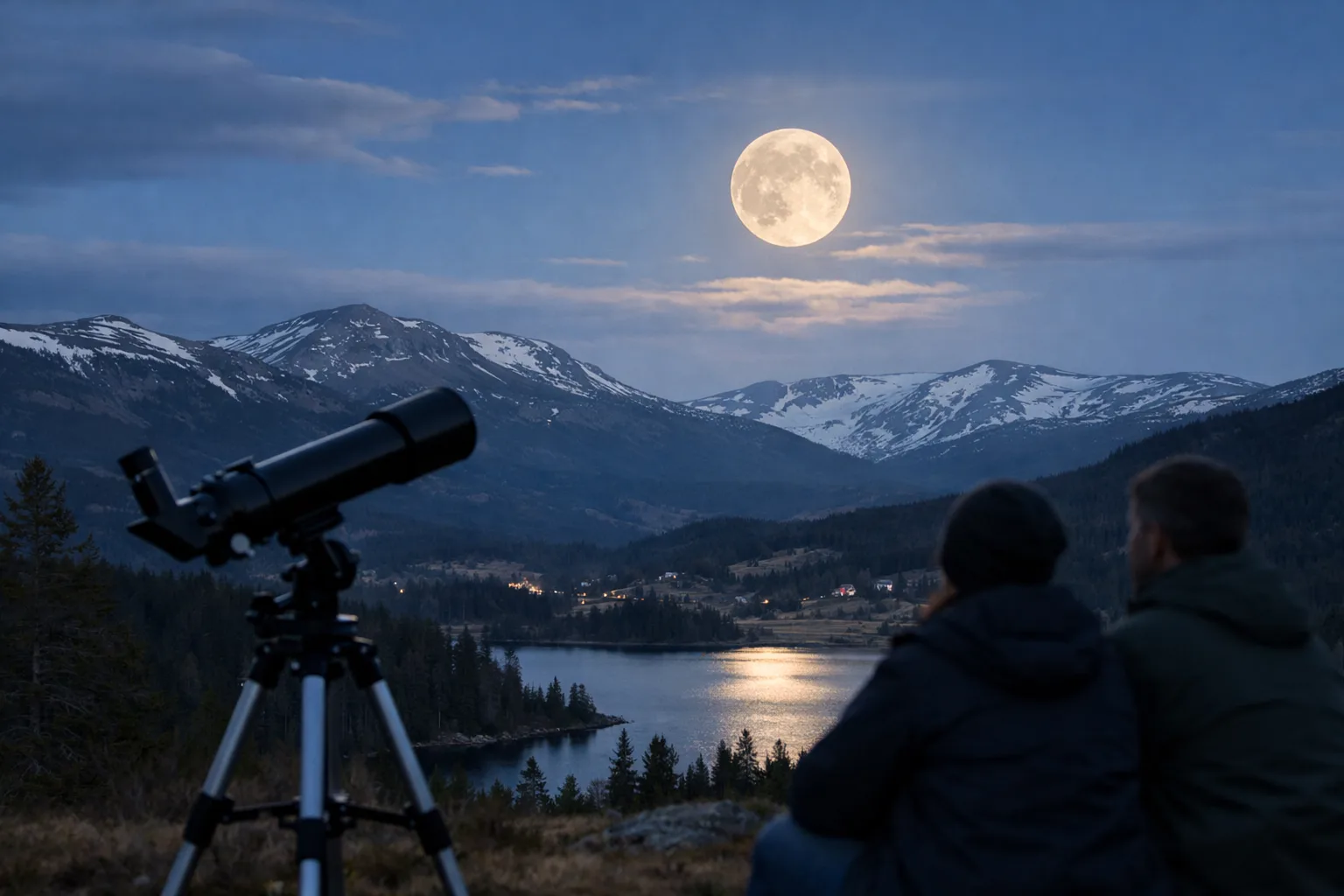Månen över fjällandskap med teleskop i förgrunden.